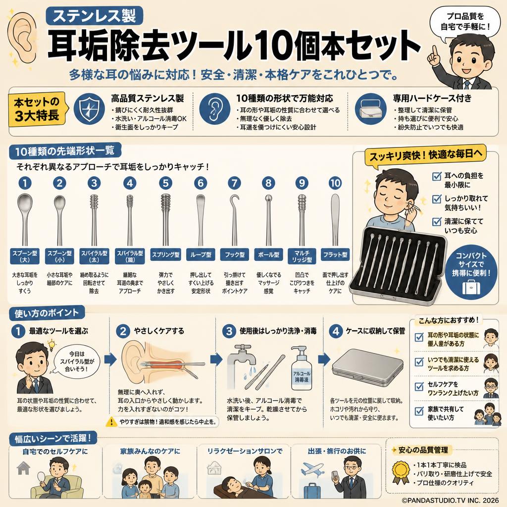 ステンレス製 耳垢除去ツール10個本セット 概要