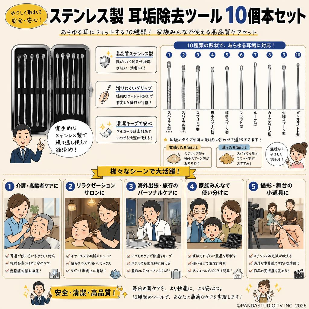 ステンレス製 耳垢除去ツール10個本セット 用途