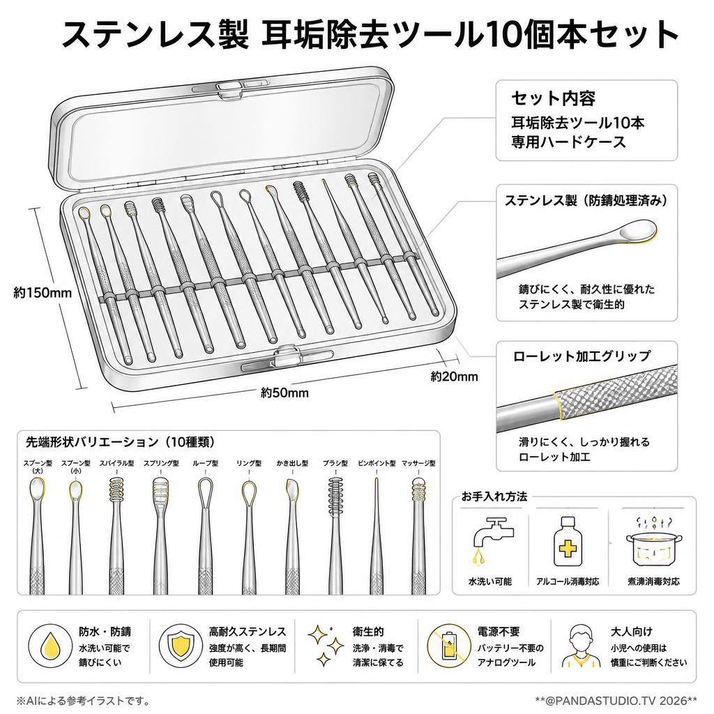 ステンレス製 耳垢除去ツール10個本セット スペック