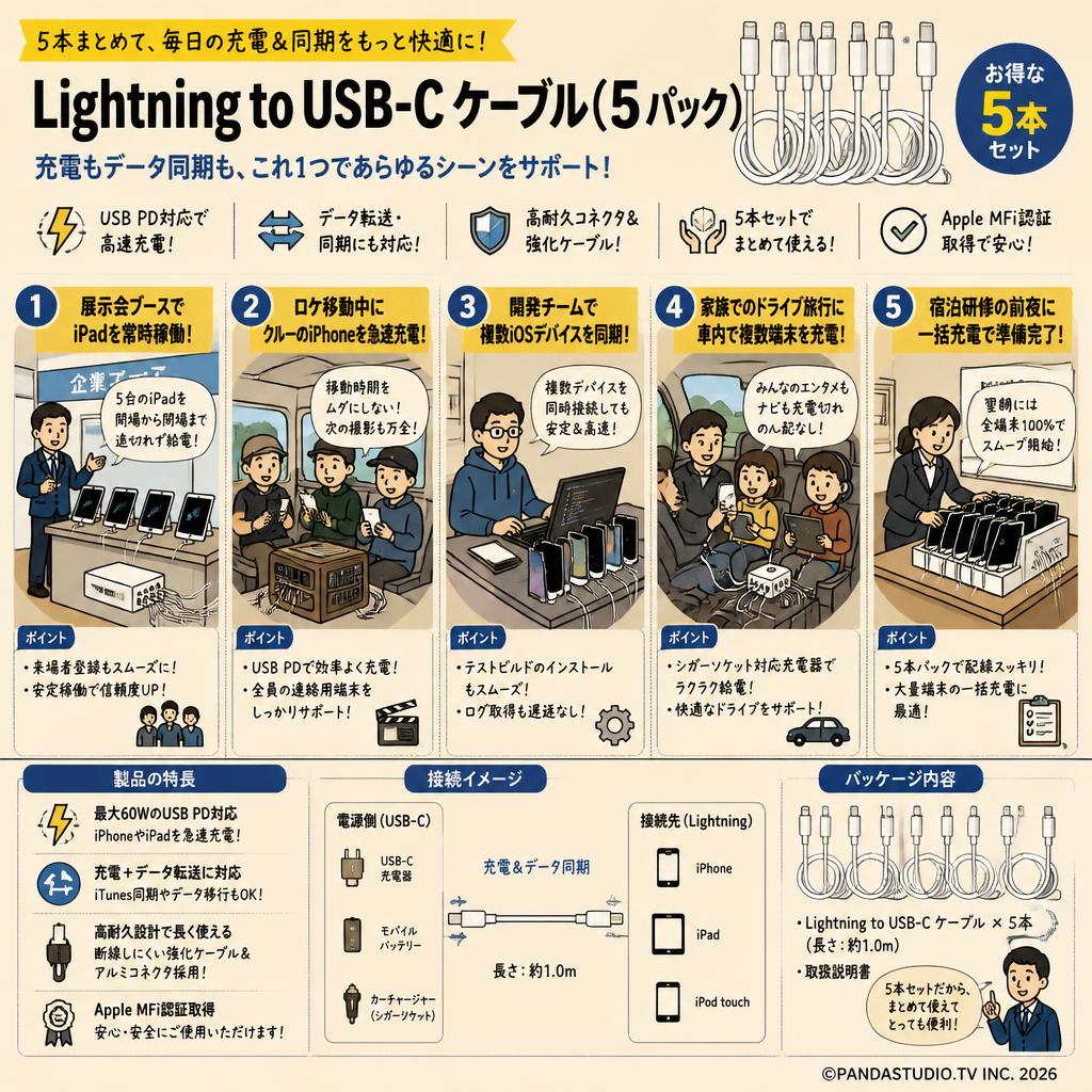 Lightning to USB-C ケーブル(5 パック) 用途