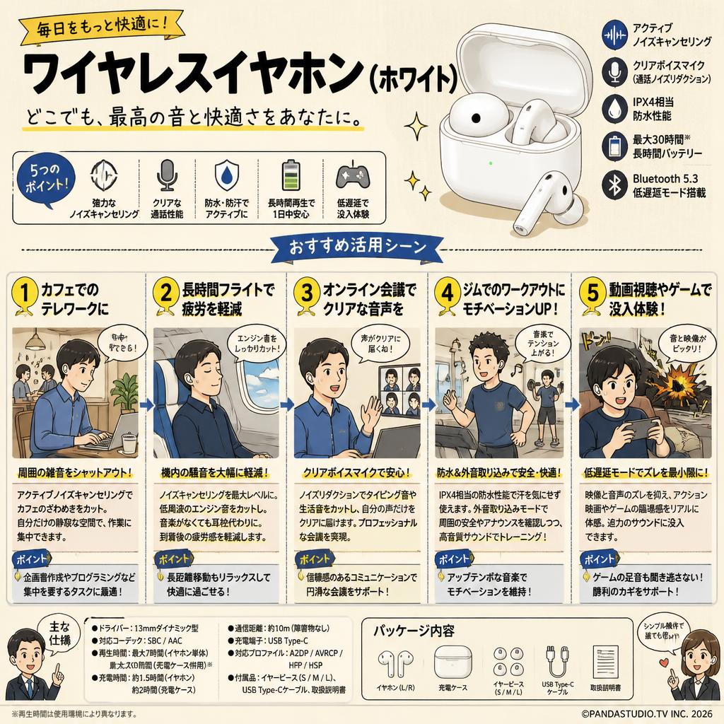 ワイヤレスイヤホン(ホワイト） 用途