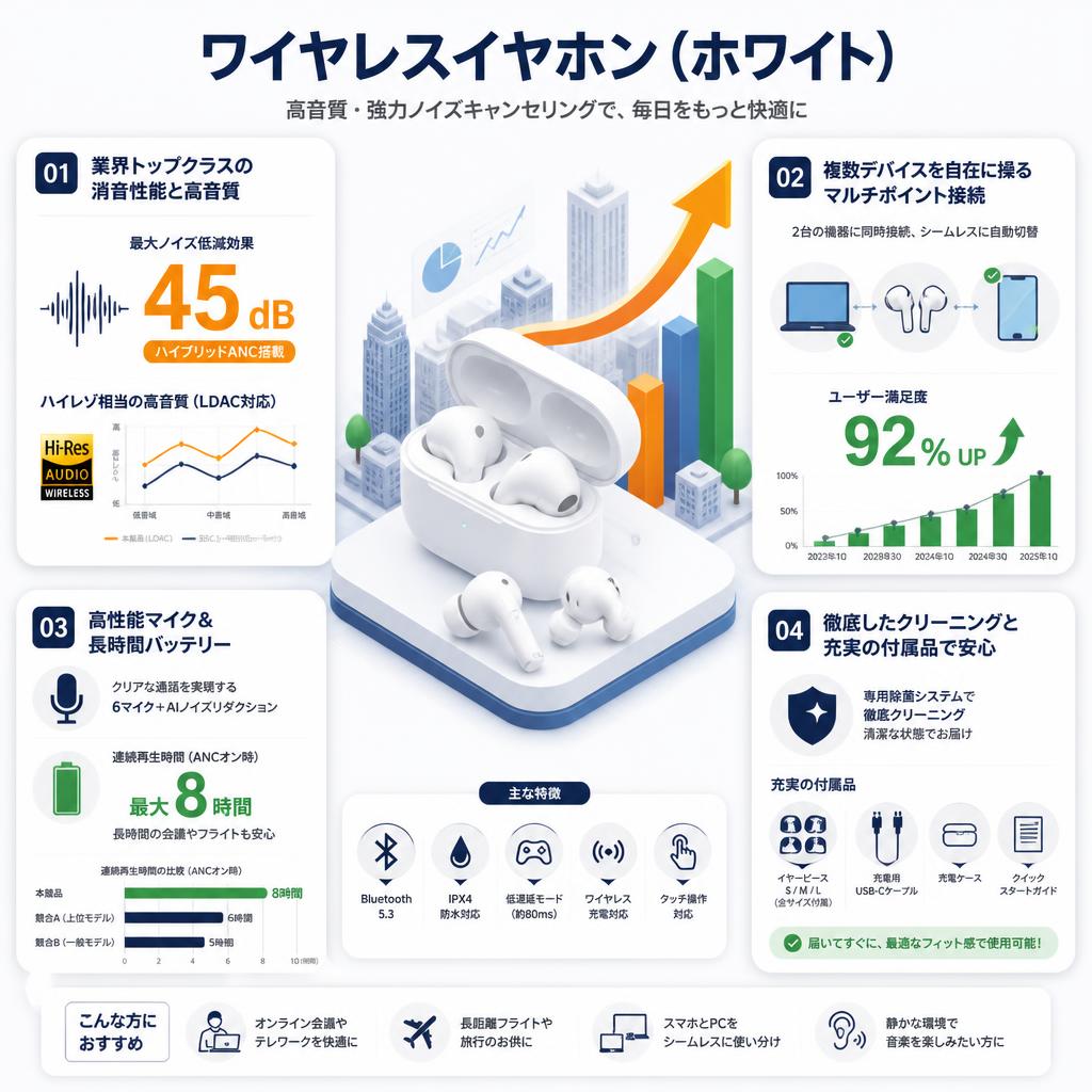 ワイヤレスイヤホン(ホワイト） セールスポイント