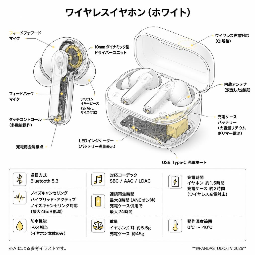 ワイヤレスイヤホン(ホワイト） スペック
