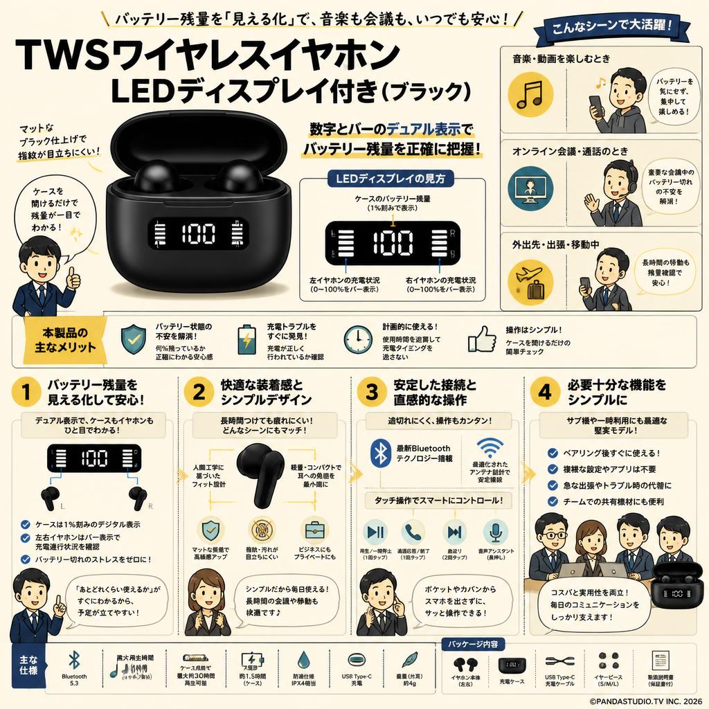 TWSワイヤレスイヤホンLEDディスプレイ付き（ブラック） 概要