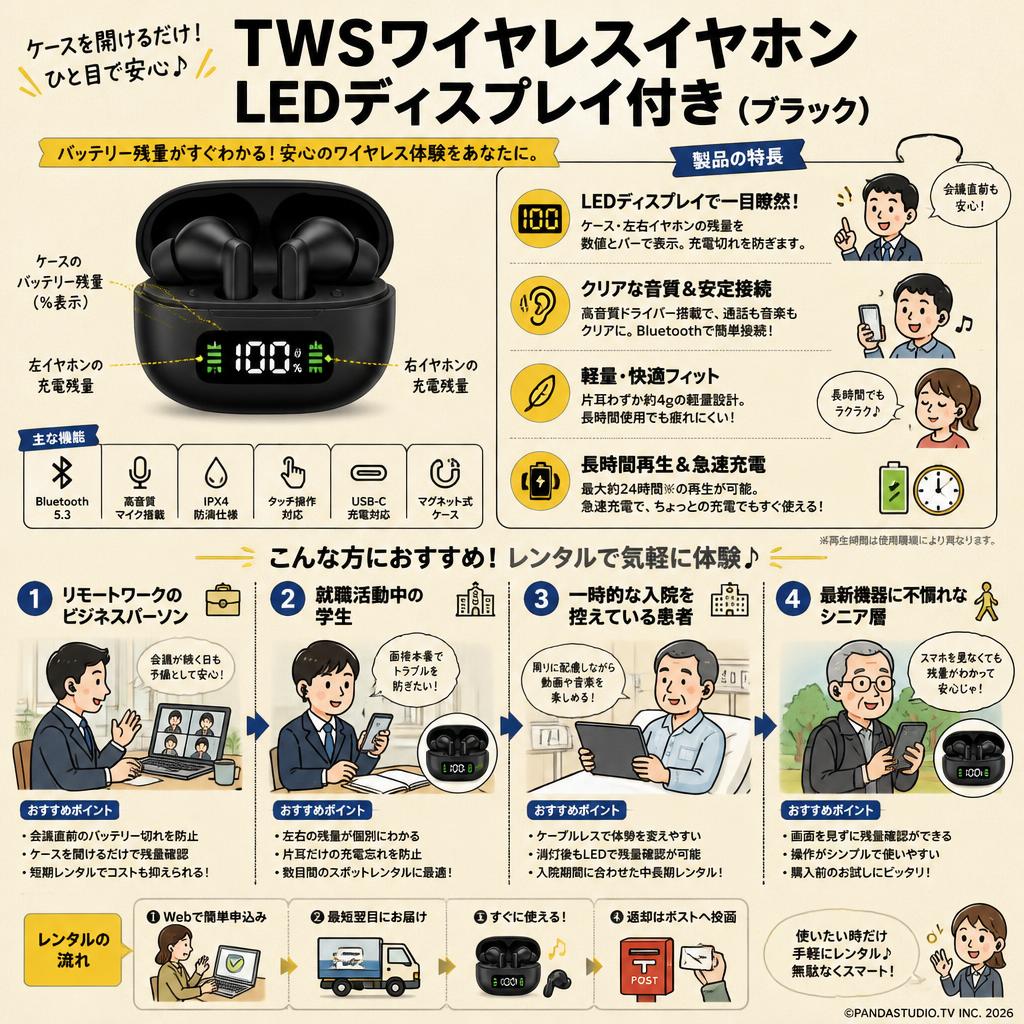 TWSワイヤレスイヤホンLEDディスプレイ付き（ブラック） おもな対象のお客様
