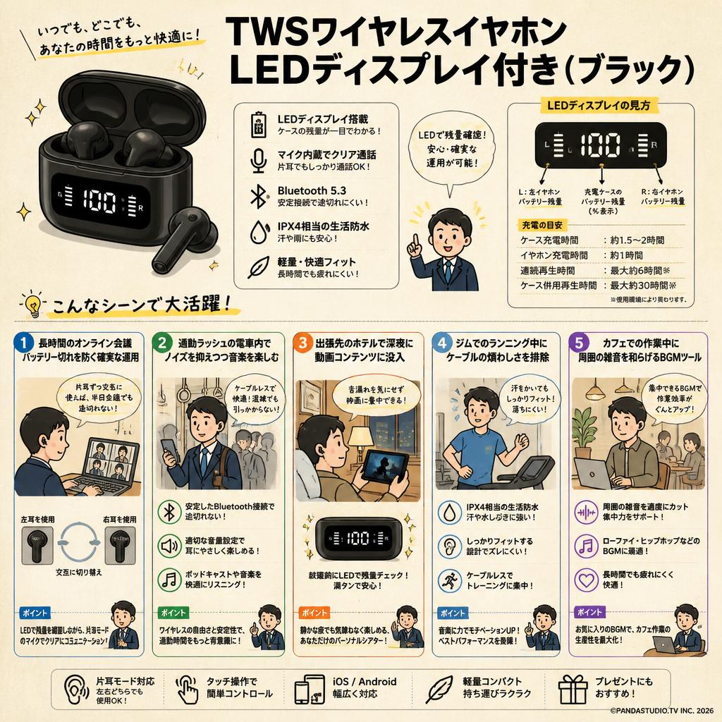TWSワイヤレスイヤホンLEDディスプレイ付き（ブラック） 用途