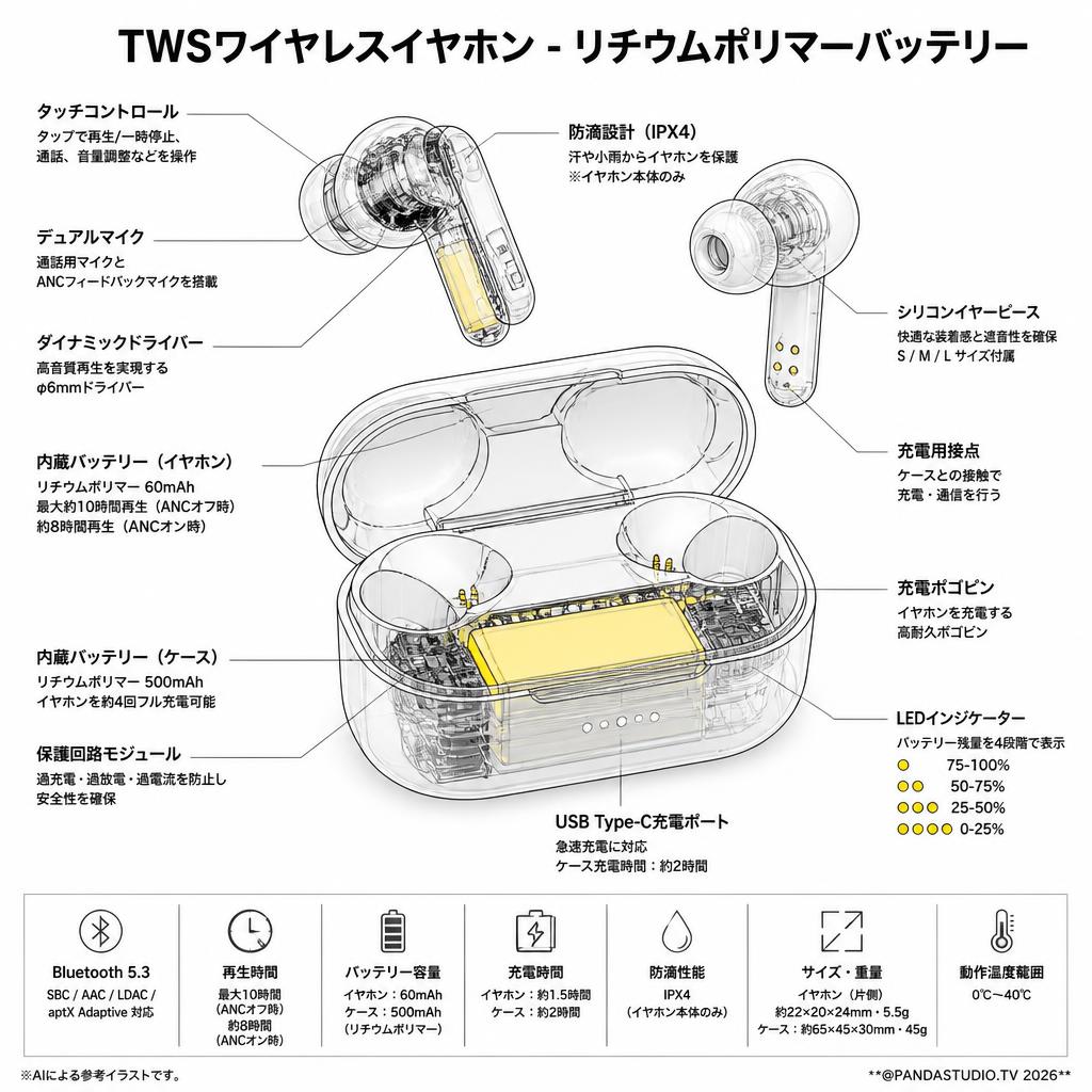 TWSワイヤレスイヤホン - リチウムポリマーバッテリー スペック