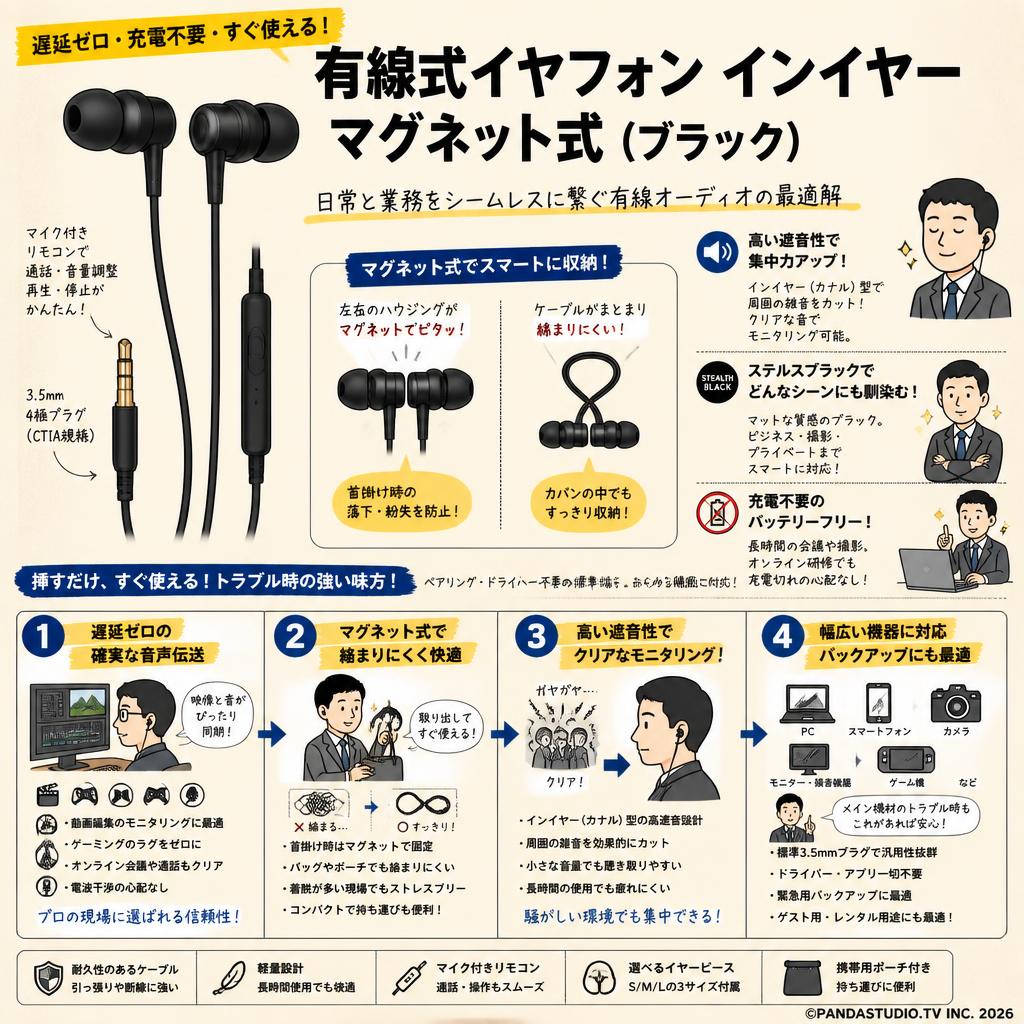 有線式イヤフォン インイヤー マグネット式(ブラック) 概要