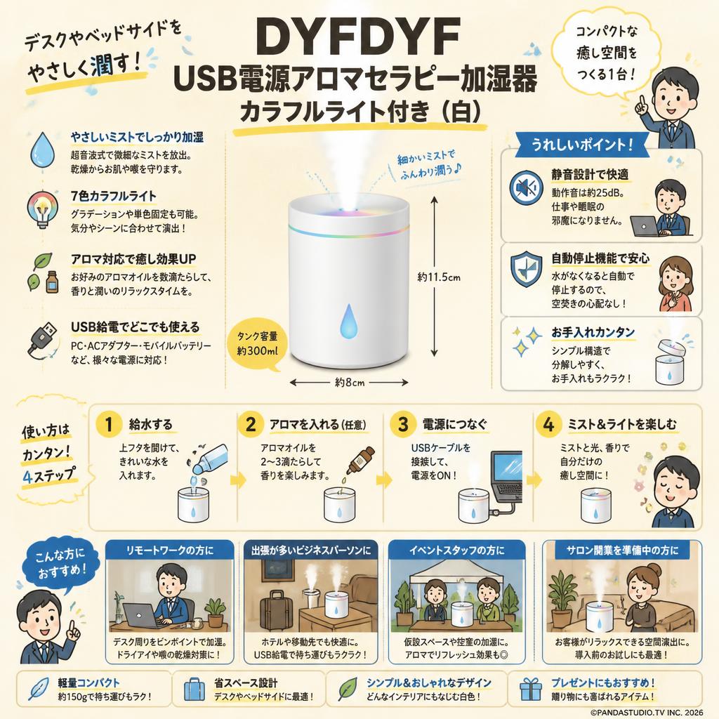 DYFDYF USB電源アロマセラピー加湿器、カラフルライト付き (白） おもな対象のお客様