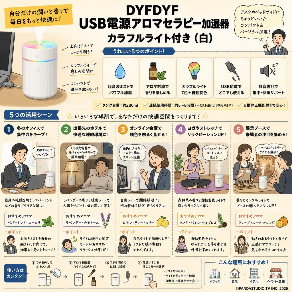 DYFDYF USB電源アロマセラピー加湿器、カラフルライト付き (白） 用途
