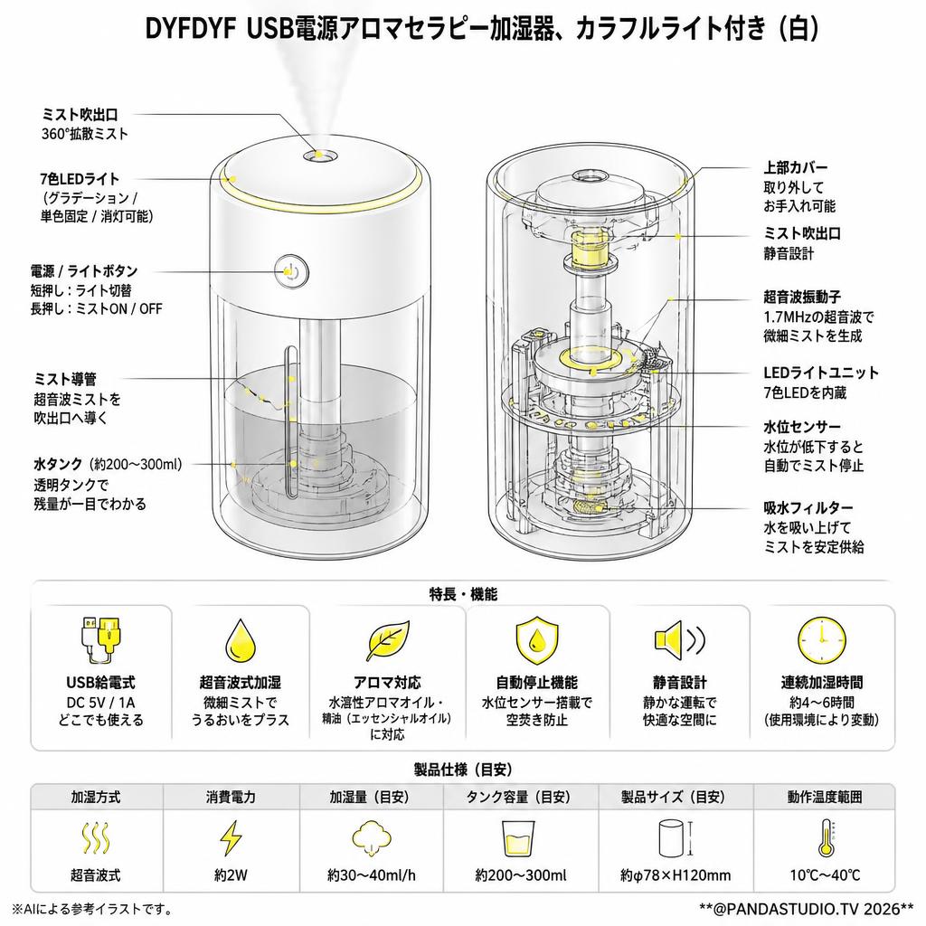 DYFDYF USB電源アロマセラピー加湿器、カラフルライト付き (白） スペック