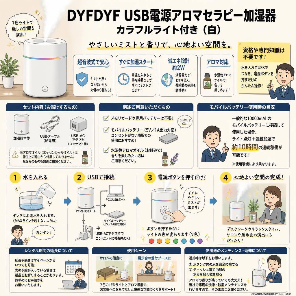 DYFDYF USB電源アロマセラピー加湿器、カラフルライト付き (白） FAQ（よくある質問と答え）