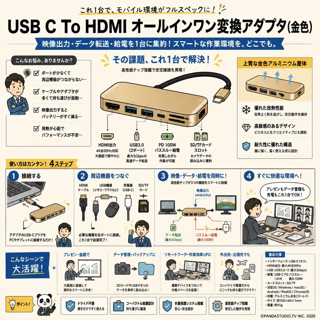 USB C To HDMI オールインワン変換アダプタ(金色） 概要