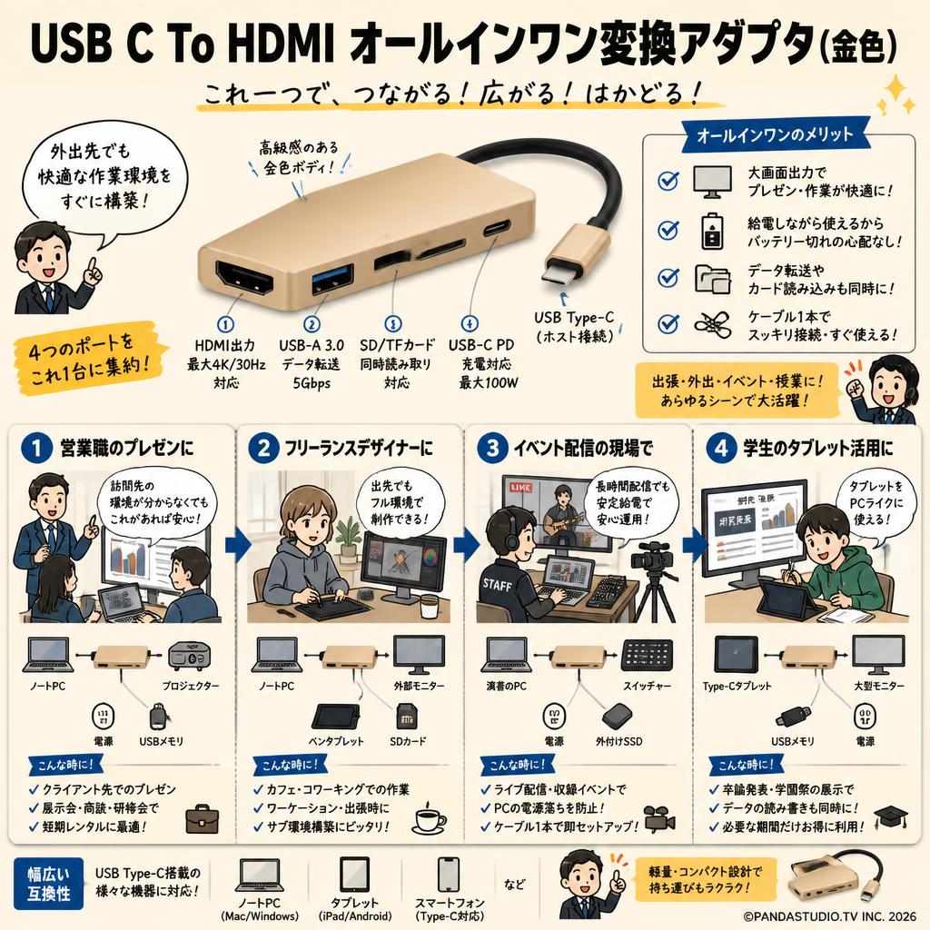 USB C To HDMI オールインワン変換アダプタ(金色） おもな対象のお客様