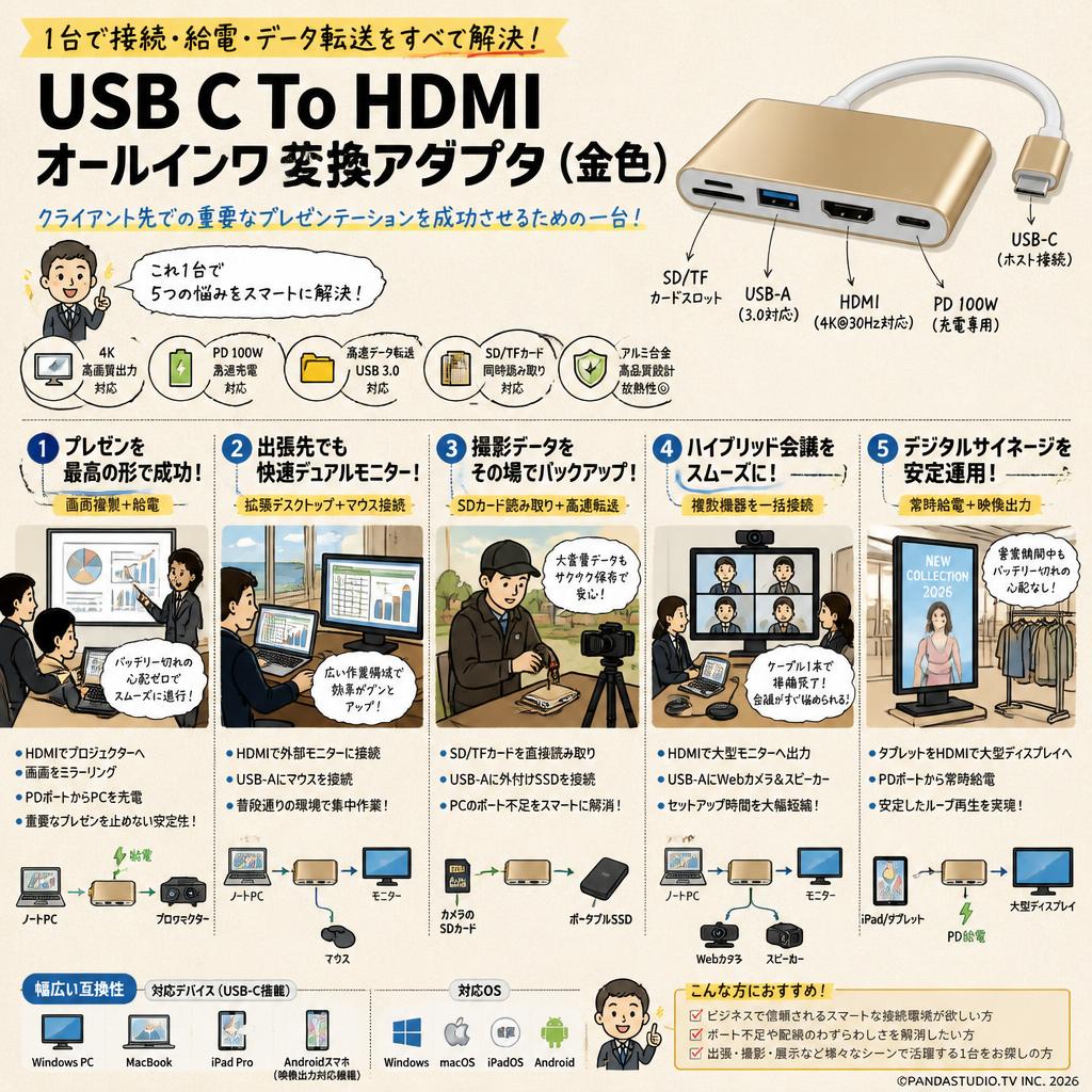 USB C To HDMI オールインワン変換アダプタ(金色） 用途