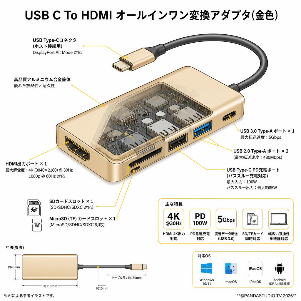 USB C To HDMI オールインワン変換アダプタ(金色） スペック