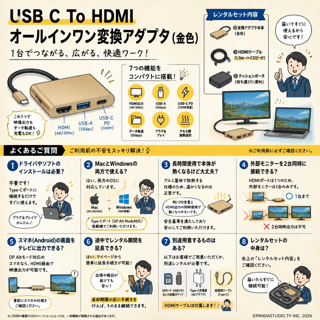 USB C To HDMI オールインワン変換アダプタ(金色） FAQ（よくある質問と答え）