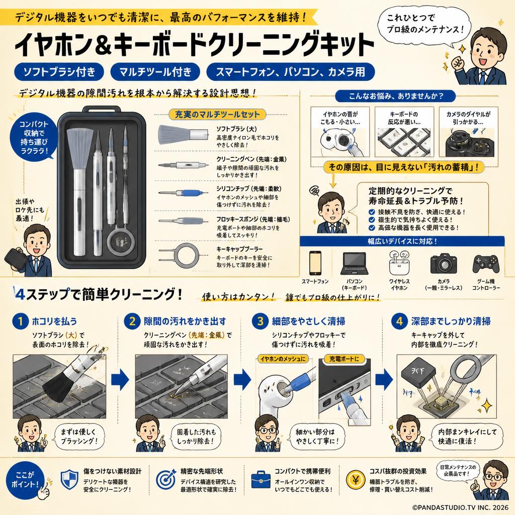 イヤホン&キーボードクリーニングキット ソフトブラシ付き マルチツール付き スマートフォン、パソコン、カメラ用 概要