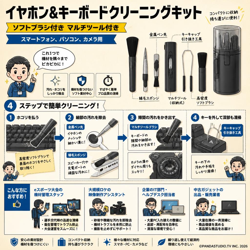 イヤホン&キーボードクリーニングキット ソフトブラシ付き マルチツール付き スマートフォン、パソコン、カメラ用 おもな対象のお客様