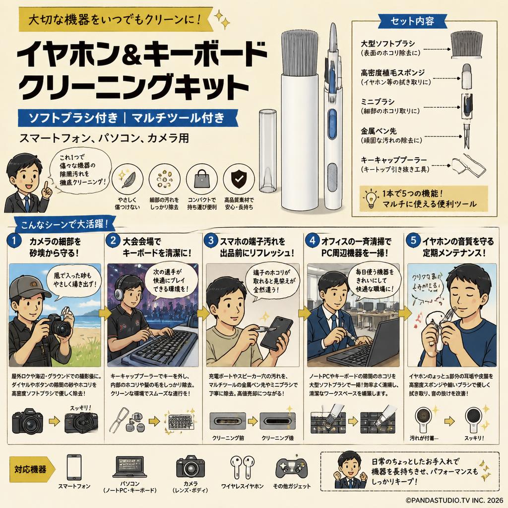 イヤホン&キーボードクリーニングキット ソフトブラシ付き マルチツール付き スマートフォン、パソコン、カメラ用 用途