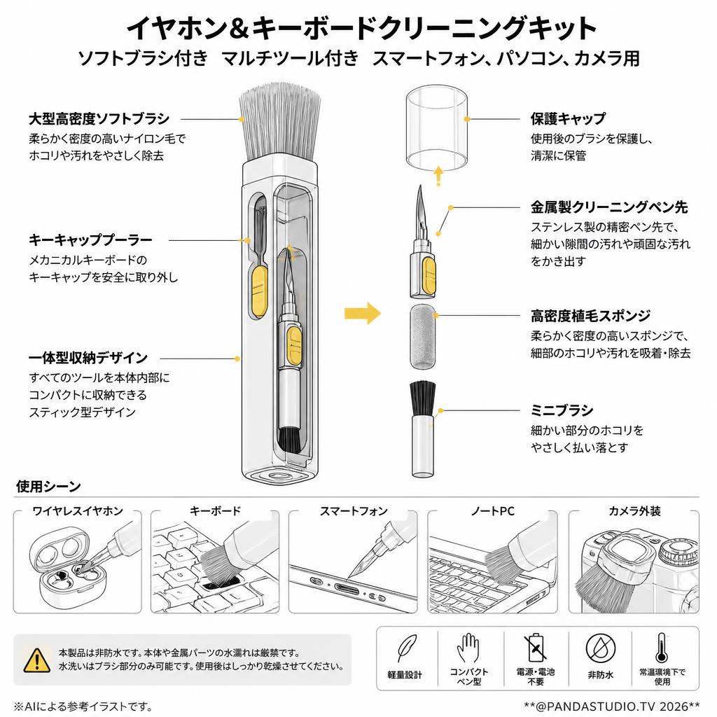 イヤホン&キーボードクリーニングキット ソフトブラシ付き マルチツール付き スマートフォン、パソコン、カメラ用 スペック