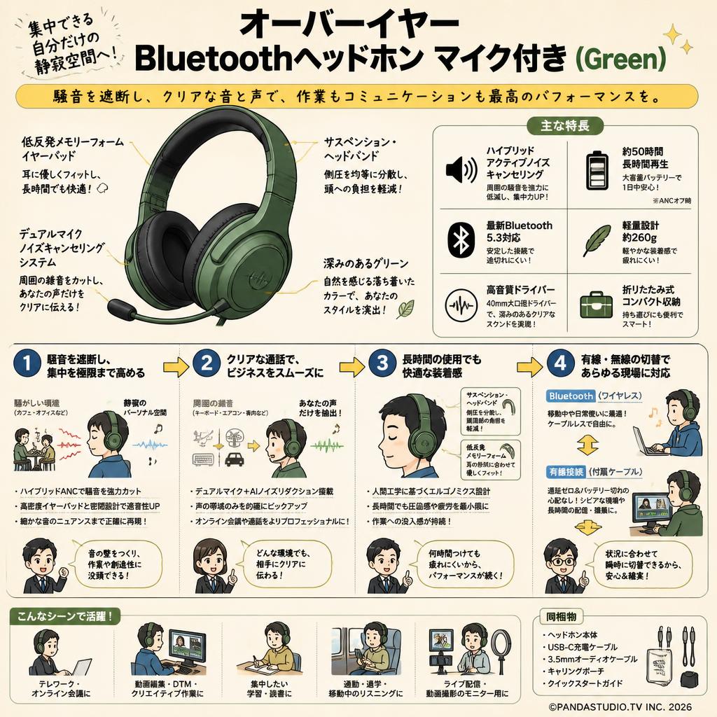 オーバーイヤー Bluetothヘッドホン マイク付き(Green) 概要
