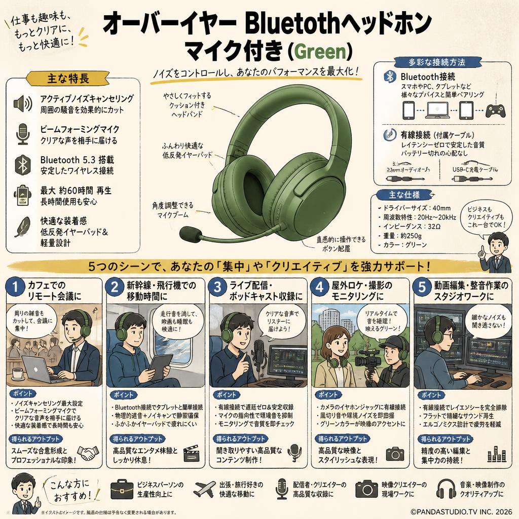オーバーイヤー Bluetothヘッドホン マイク付き(Green) 用途