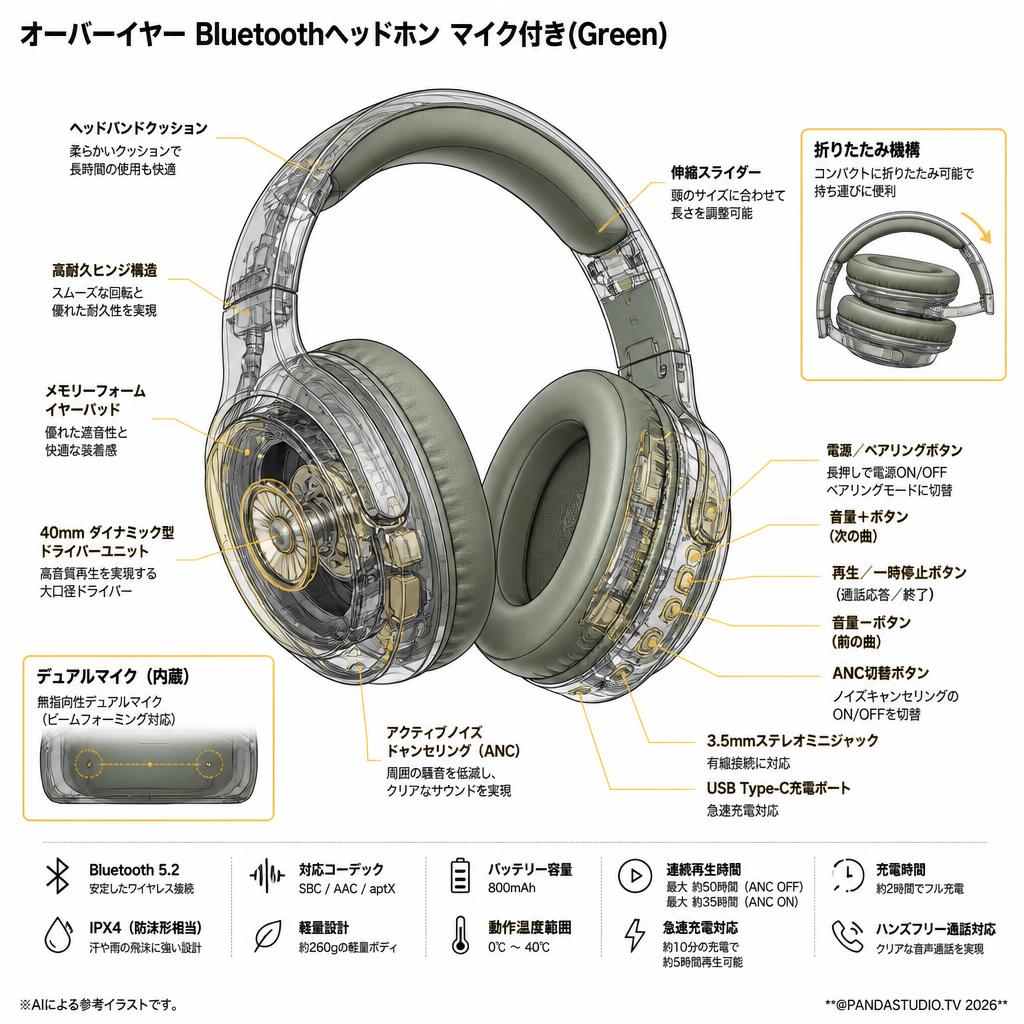 オーバーイヤー Bluetothヘッドホン マイク付き(Green) スペック