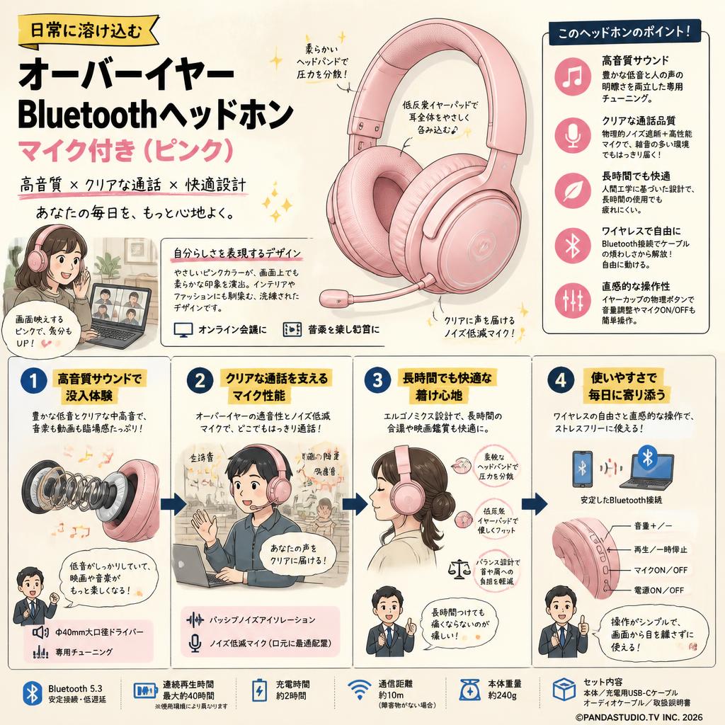 オーバーイヤー Bluetothヘッドホン マイク付き (ピンク） 概要