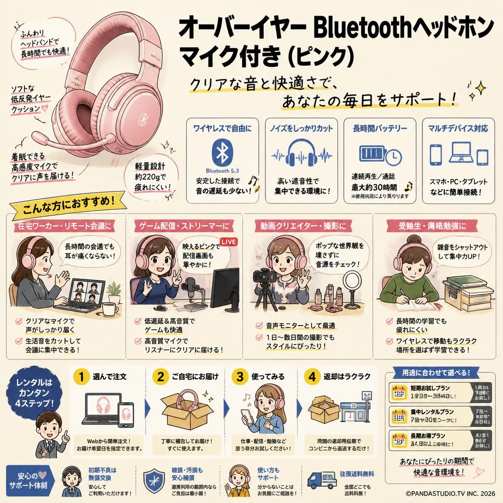 オーバーイヤー Bluetothヘッドホン マイク付き (ピンク） おもな対象のお客様