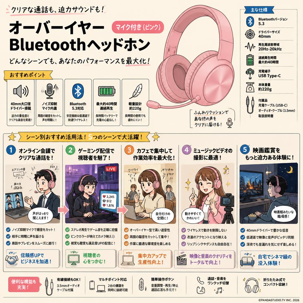 オーバーイヤー Bluetothヘッドホン マイク付き (ピンク） 用途