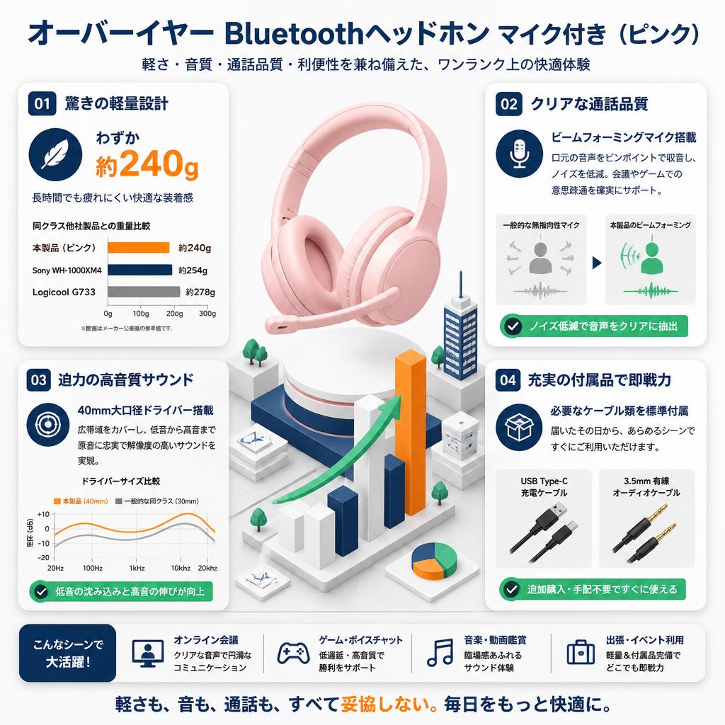 オーバーイヤー Bluetothヘッドホン マイク付き (ピンク） セールスポイント