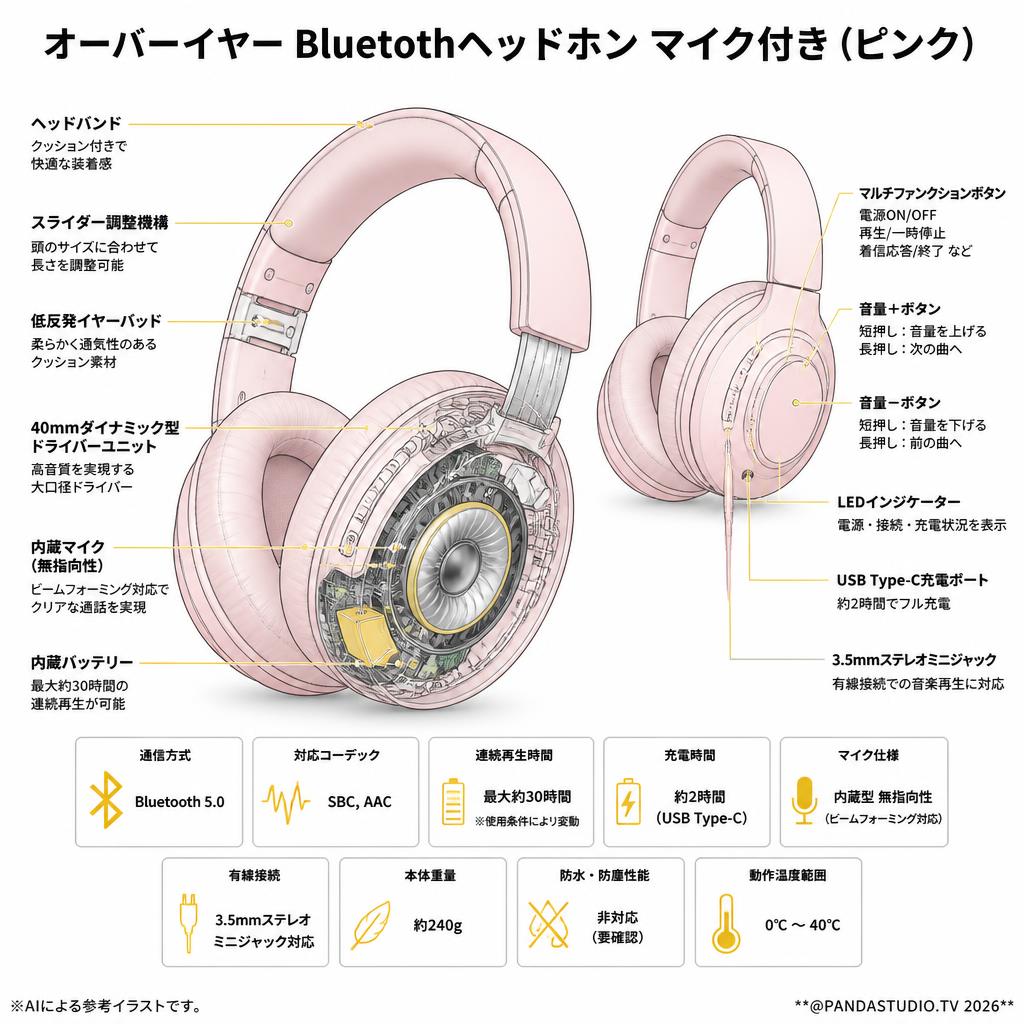 オーバーイヤー Bluetothヘッドホン マイク付き (ピンク） スペック