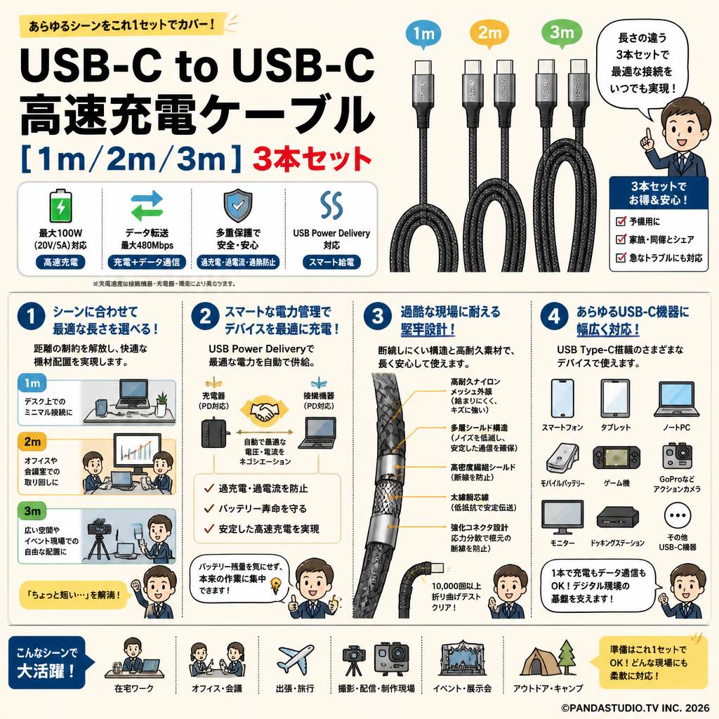 USB-C to USB-C 高速充電ケーブル  [1ｍ/2ｍ/3ｍ] 3本 セット 概要