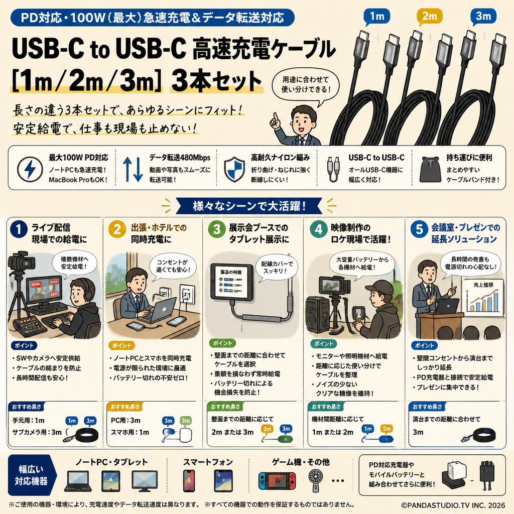 USB-C to USB-C 高速充電ケーブル  [1ｍ/2ｍ/3ｍ] 3本 セット 用途