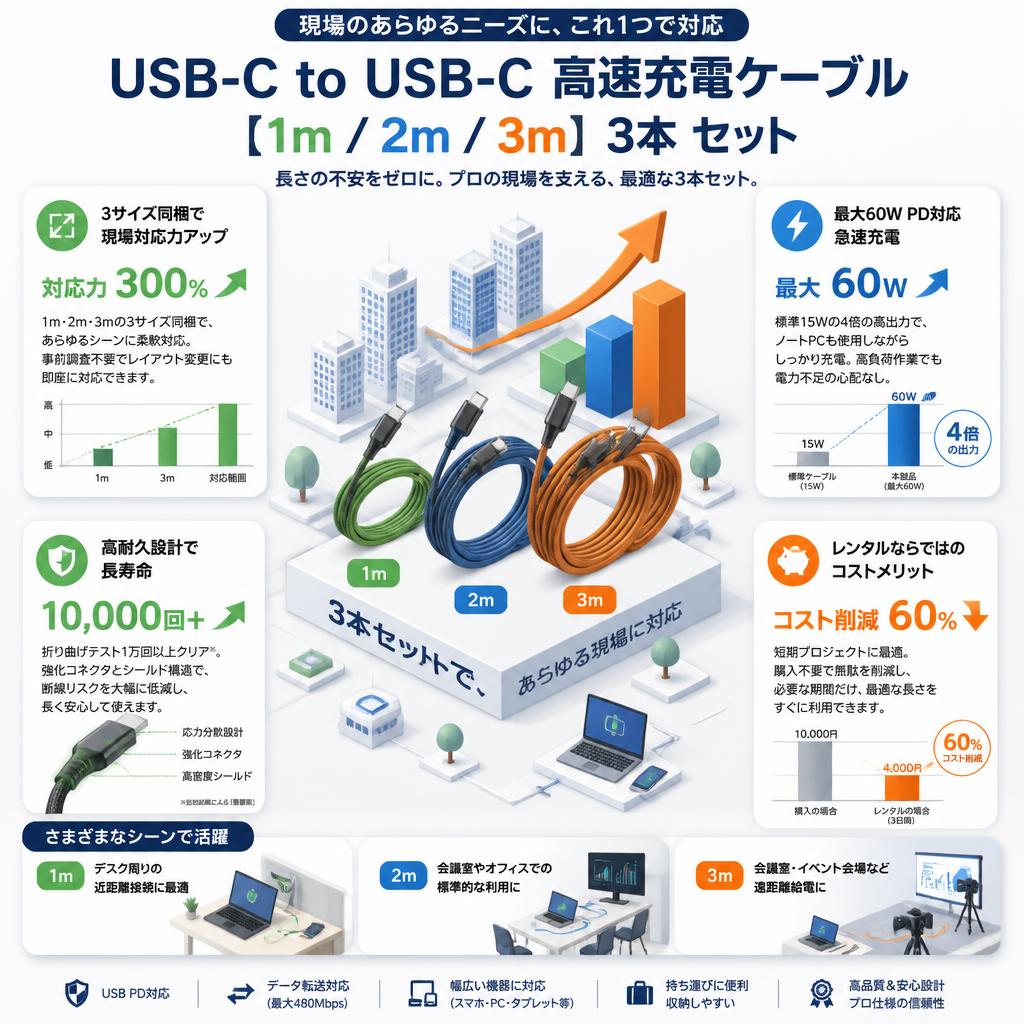 USB-C to USB-C 高速充電ケーブル  [1ｍ/2ｍ/3ｍ] 3本 セット セールスポイント