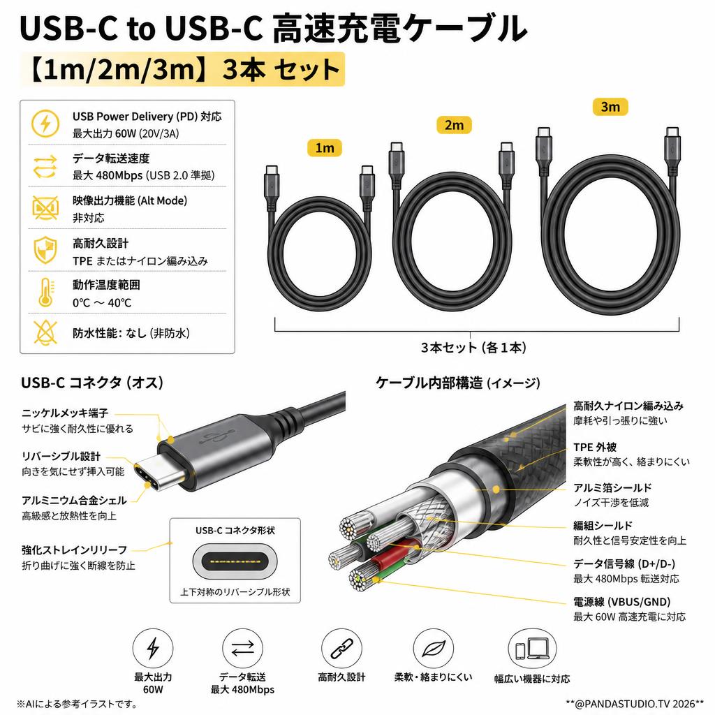 USB-C to USB-C 高速充電ケーブル  [1ｍ/2ｍ/3ｍ] 3本 セット スペック