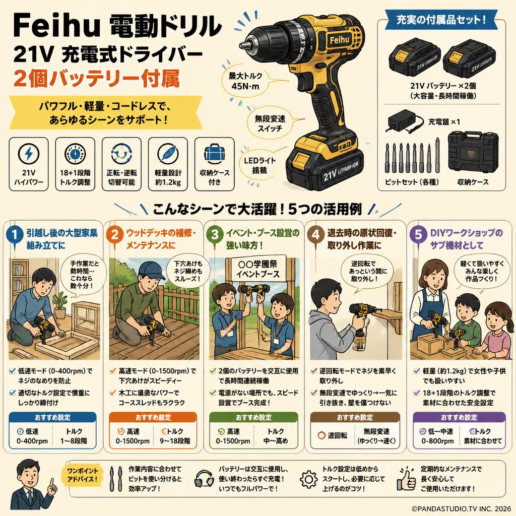 Ｆeｉｈｕ  電動ドリル 21V 充電式ドライバー 2個バッテリー付属 用途