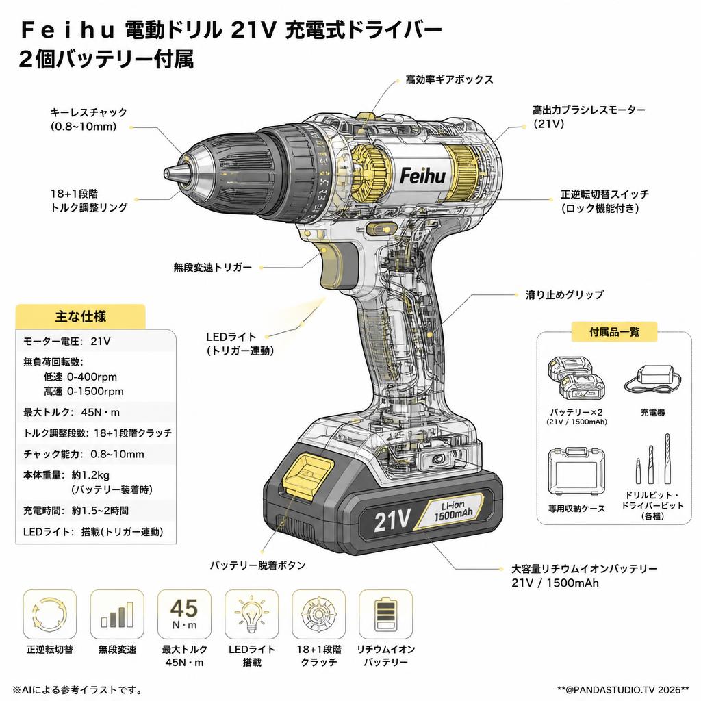 Ｆeｉｈｕ  電動ドリル 21V 充電式ドライバー 2個バッテリー付属 スペック