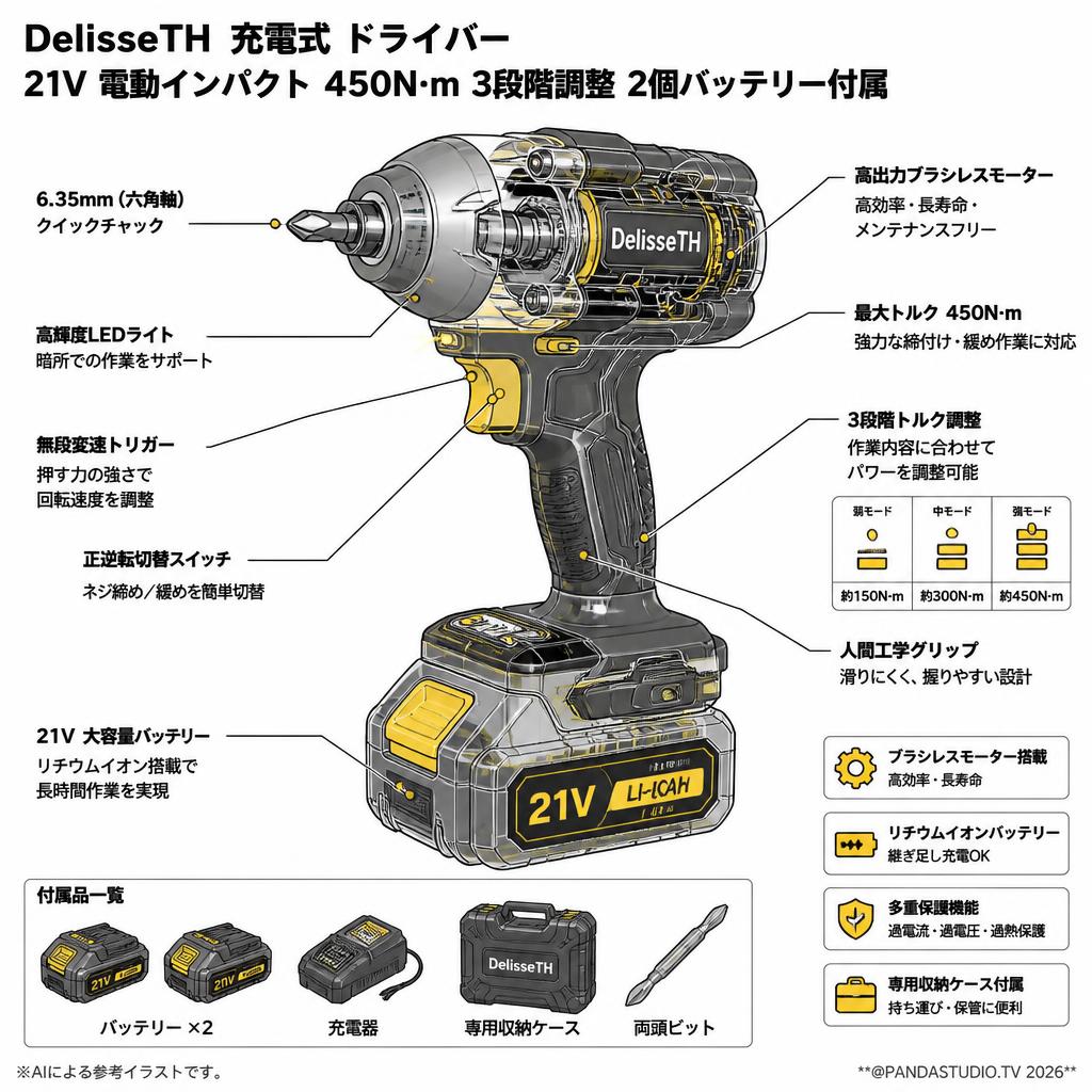 DelisseTH 充電式 ドライバー 21V 電動インパクト 450N·m 3段階調整  2個バッテリー付属 スペック