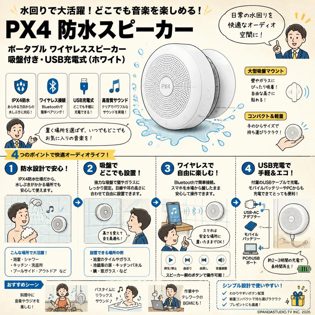 PX4 防水スピーカー、ポータブル ワイヤレス スピーカー、吸盤付き、USB充電式 ブラック スピーカー(ホワイト） 概要