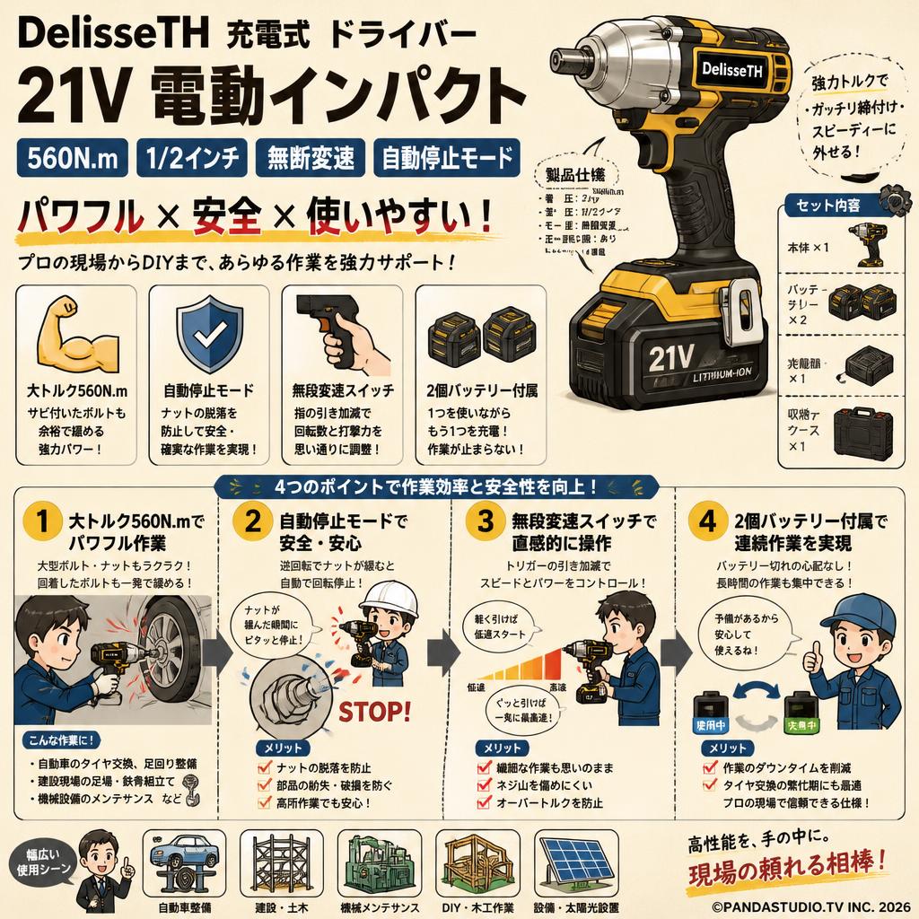 DelisseTH 充電式 ドライバー 21V 電動インパクト 560N.m 1/2インチ 無断変速 自動停止モード 2個バッテリー付属 概要