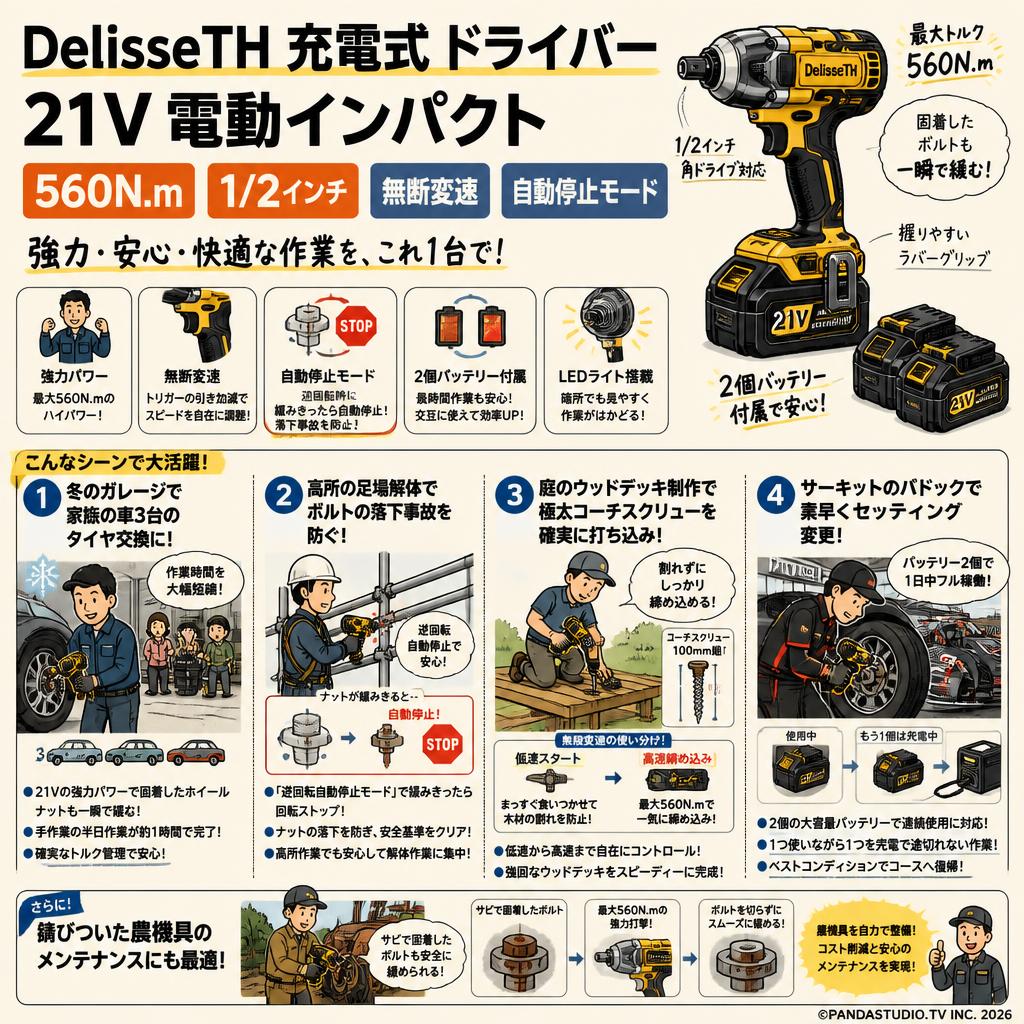 DelisseTH 充電式 ドライバー 21V 電動インパクト 560N.m 1/2インチ 無断変速 自動停止モード 2個バッテリー付属 用途