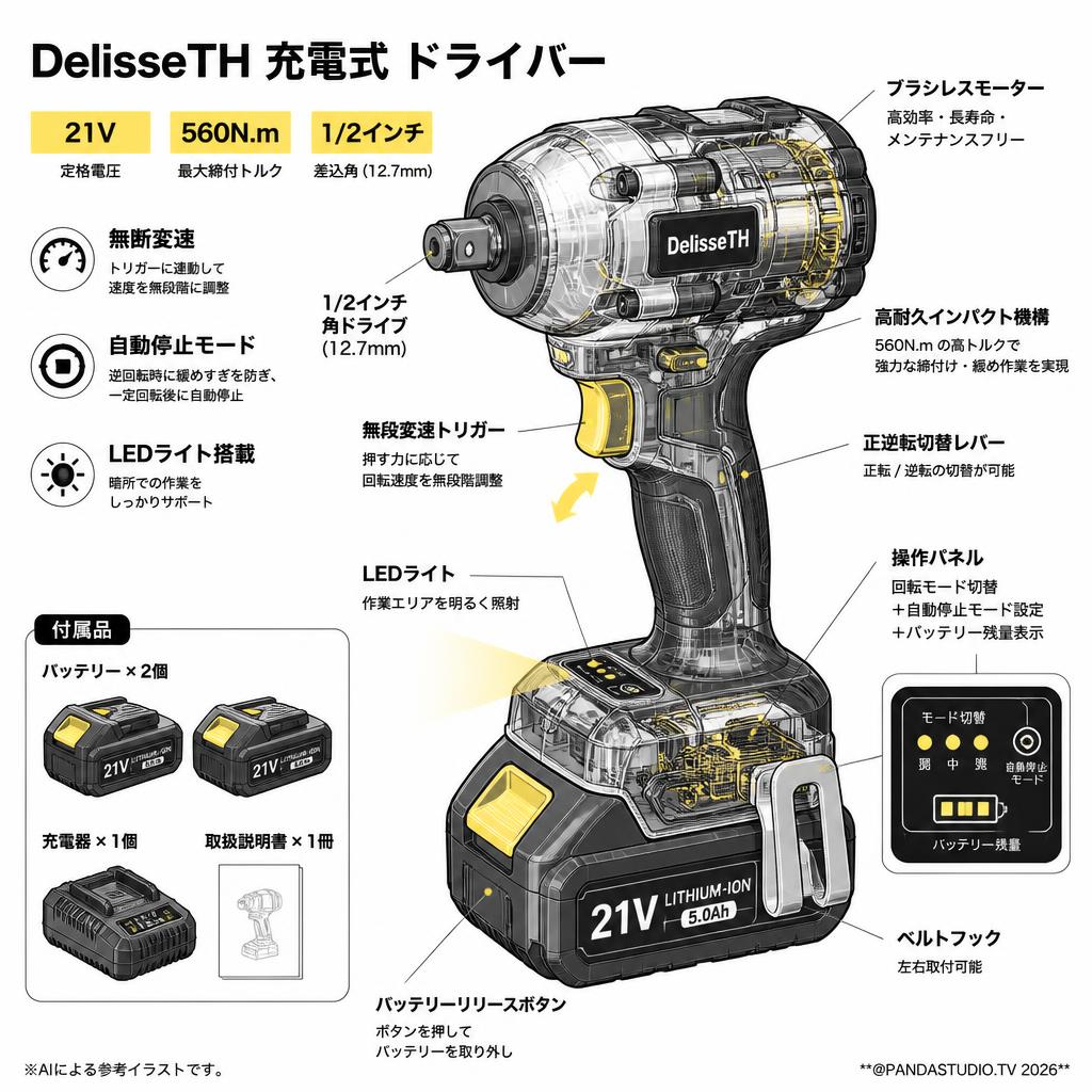 DelisseTH 充電式 ドライバー 21V 電動インパクト 560N.m 1/2インチ 無断変速 自動停止モード 2個バッテリー付属 スペック