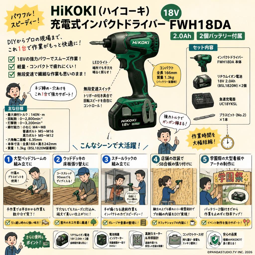 HiKOKI(ハイコーキ) 充電式 ドライバー 18V インパクトドライバー FWH18DA 2.0Ah 2個バッテリー付属 用途