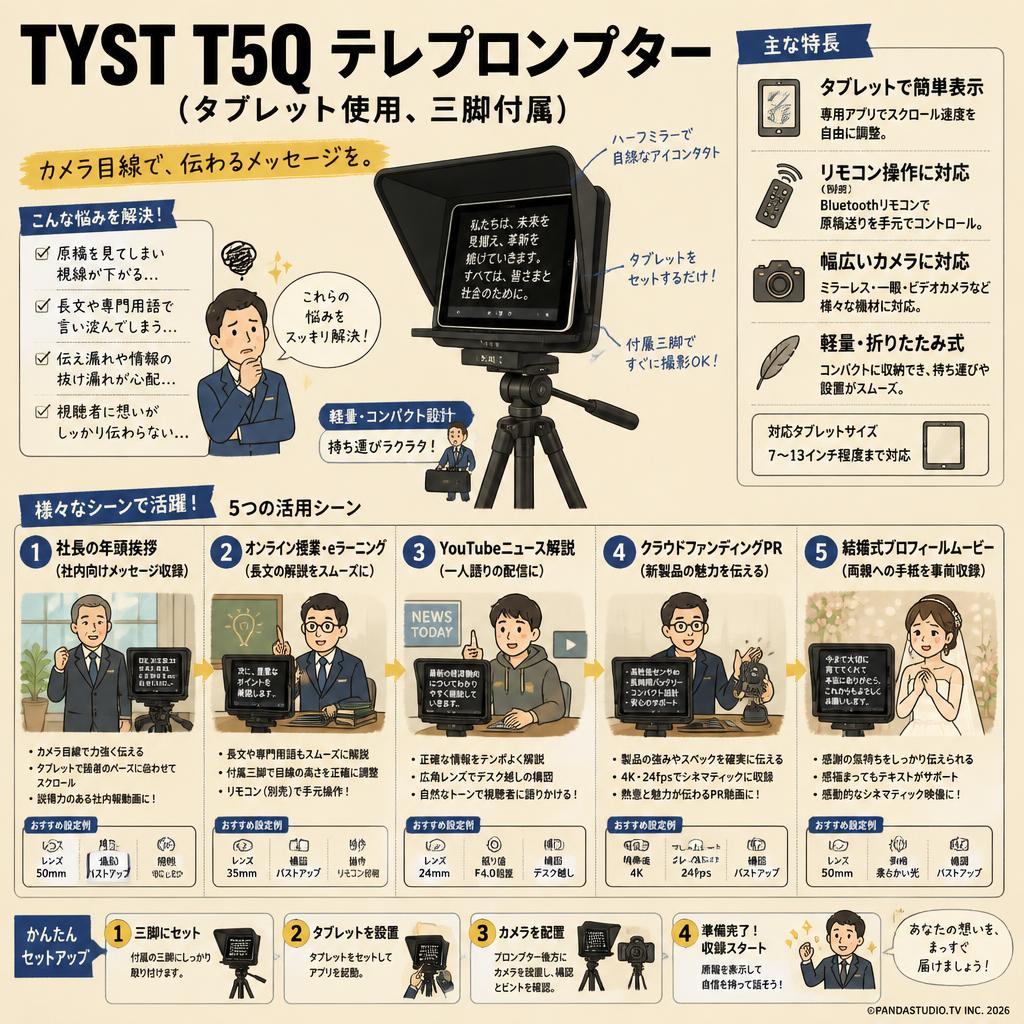 TYST T5Q テレプロンプター（タブレット使用、三脚付属） 用途