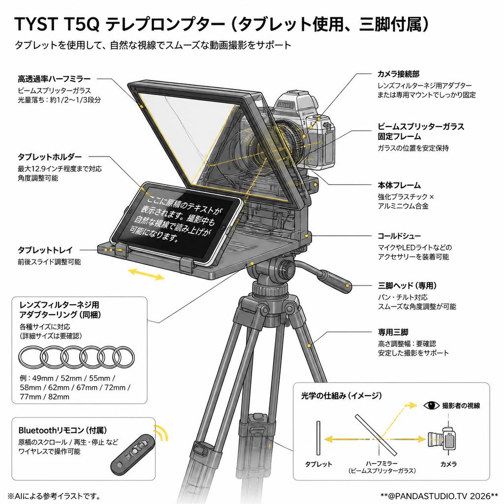 TYST T5Q テレプロンプター（タブレット使用、三脚付属） スペック