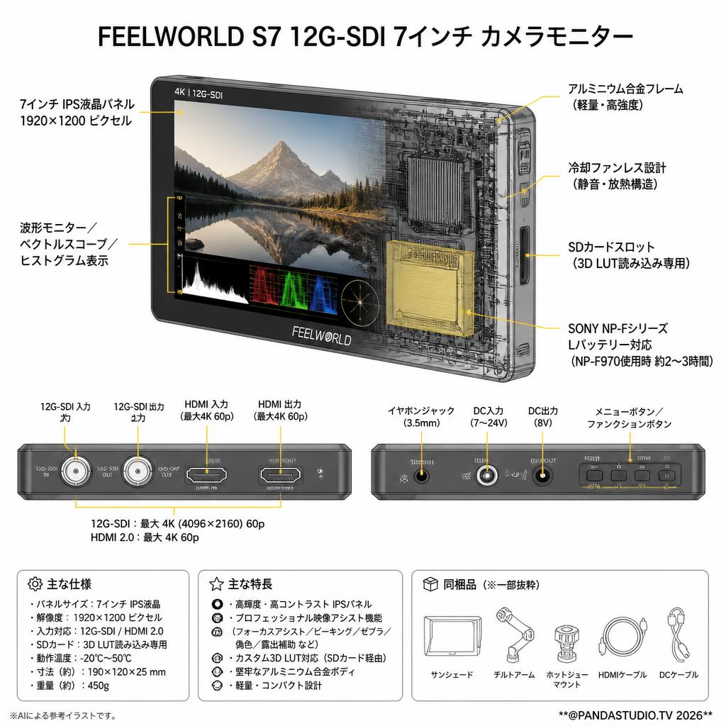 FEELWORLD S7 12G-SDI 7インチ カメラモニター スペック