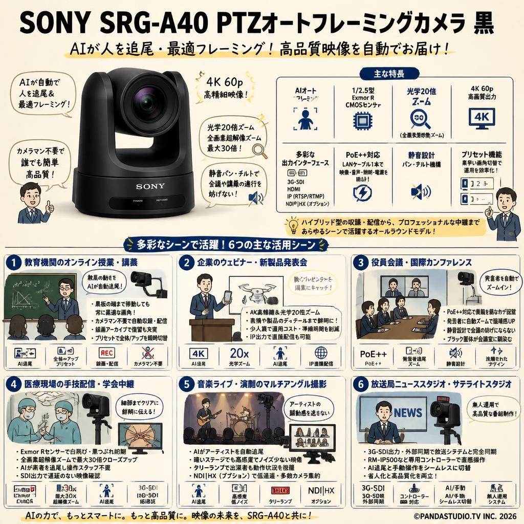 SONY SRG-A40 PTZオートフレーミングカメラ 黒 用途