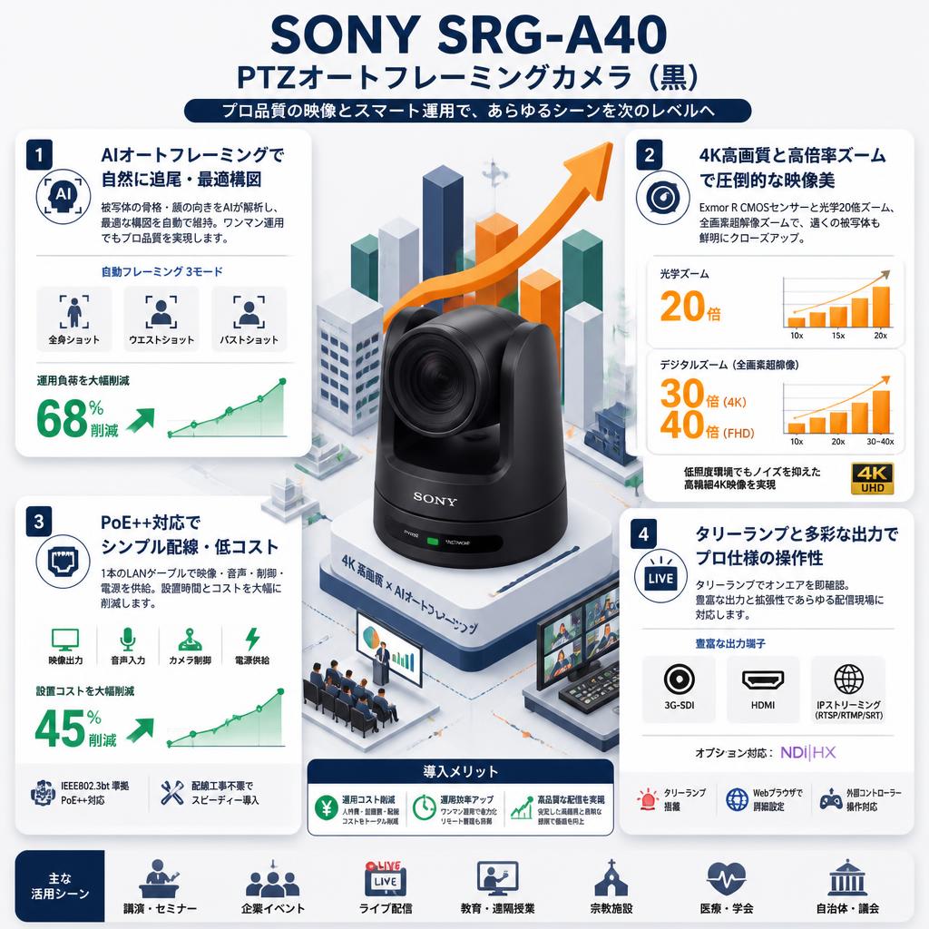SONY SRG-A40 PTZオートフレーミングカメラ 黒 セールスポイント